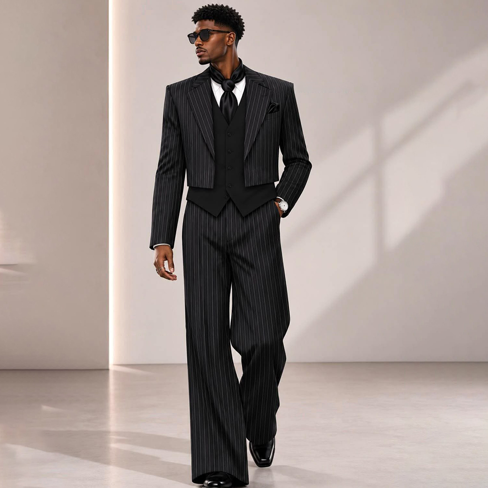 Mens Formal Look - Modern Men Black Pinstripe Suit Notch